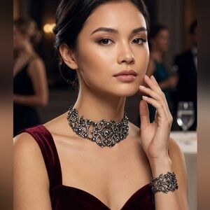 Intricate Black Choker and Bracelet Set